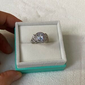 Fashion Jewelry Silver-Tone Clear Crystal Halo Ring